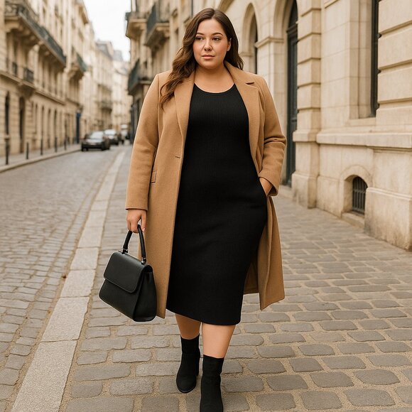 Agnes Orinda Plus Size Black Knit Sweater Dress – Modern Minimalist Quiet Luxury - Picture 3 of 15